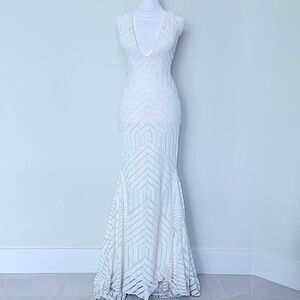 NWT: Jovani - White Sequin Deep V & Open Back Mermaid Dress